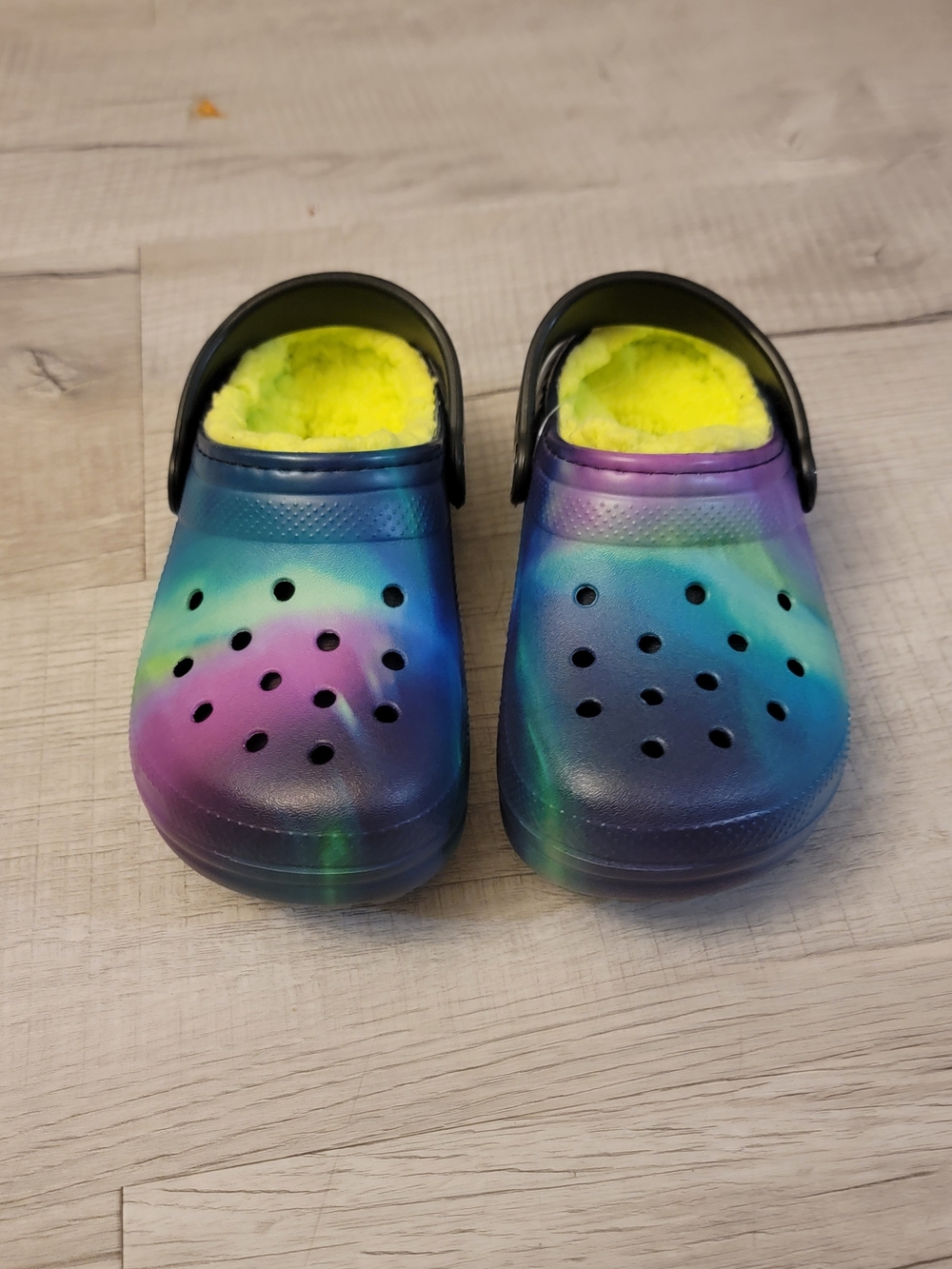 CROCS Kids Tie-Dye Clogs with Neon Yellow Fleece Lining
